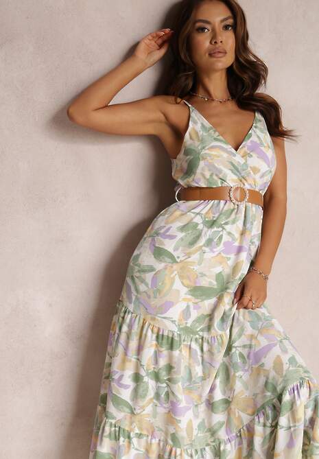 Biało-Zielona Sukienka z Paskiem Nevin