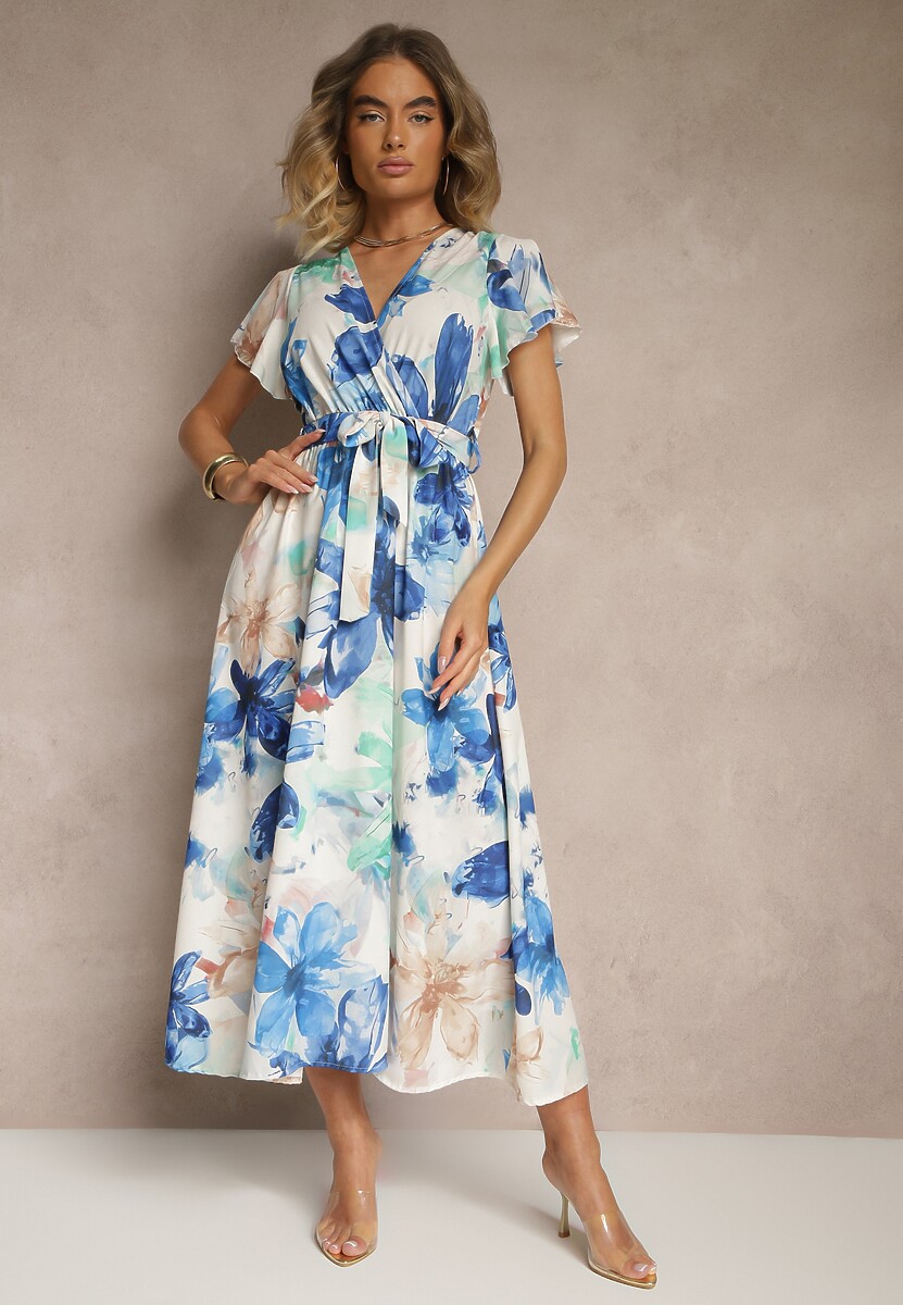 Biało-Czarna Kopertowa Sukienka z Wiązanym Paskiem w Kwiatowy Wzór Redellira