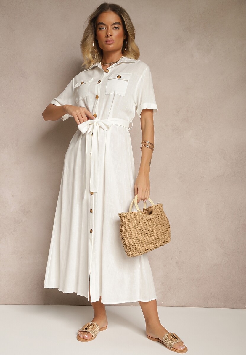 Biała Sukienka z Lnu i Wiskozy o Koszulowym Fasonie Weolara