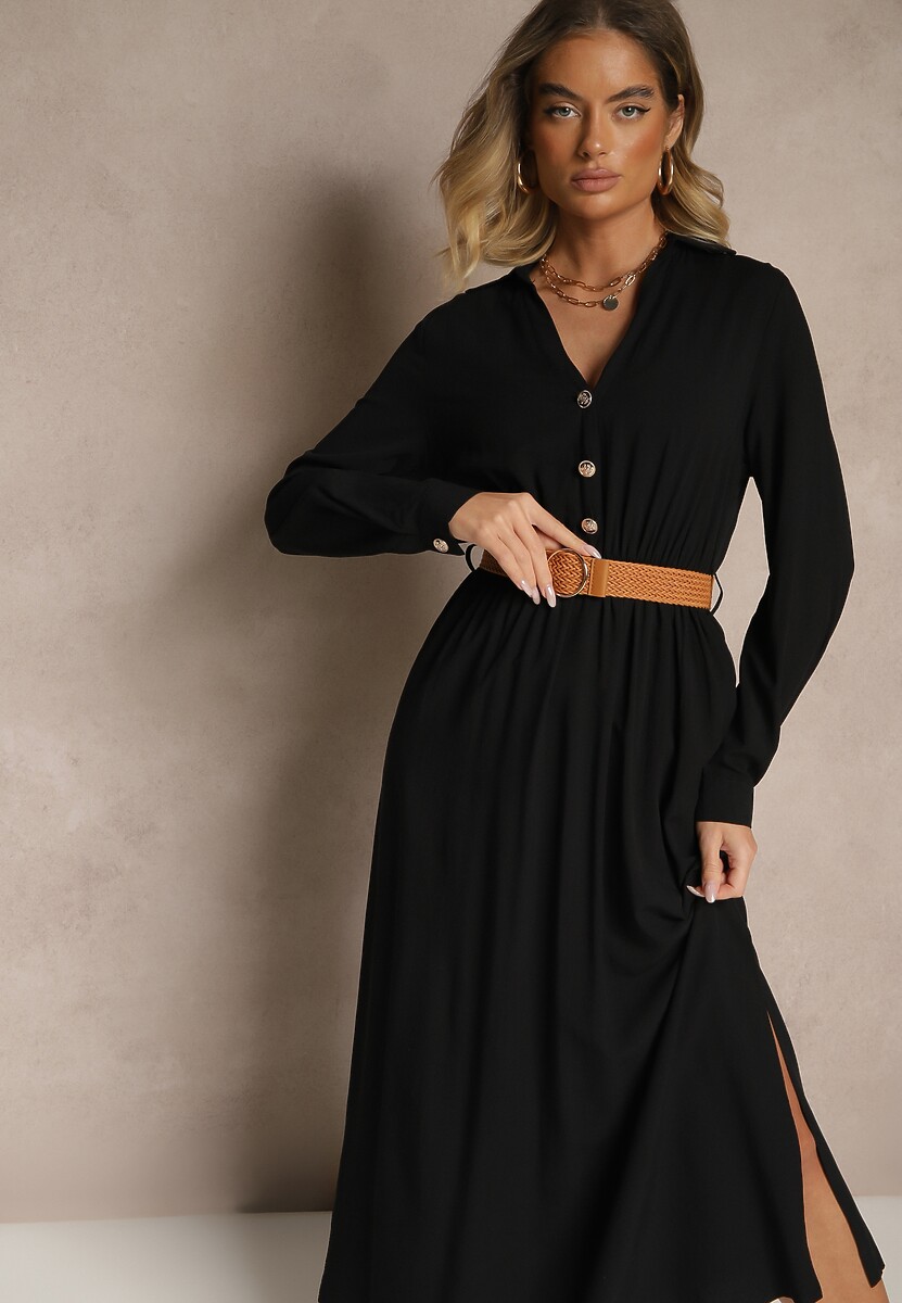 Beżowa Wiskozowa Sukienka o Rozkloszowanym Kroju z Paskiem i Rozcięciem Reirissa