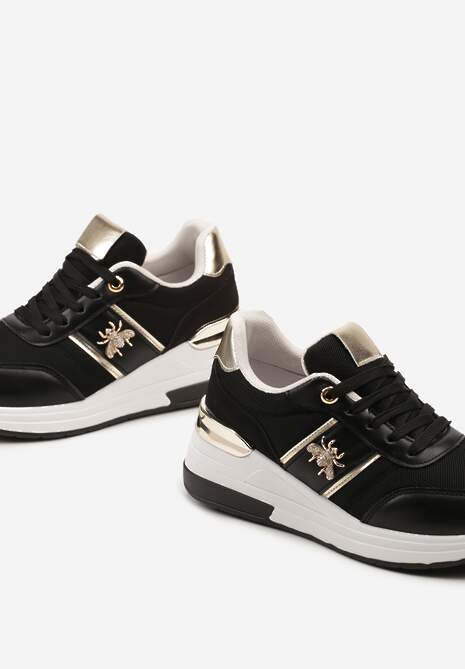 Czarne Sneakersy za Kostkę z Imitacji Skóry na Koturnie z Aplikacją i Sznurowaniem Faelena