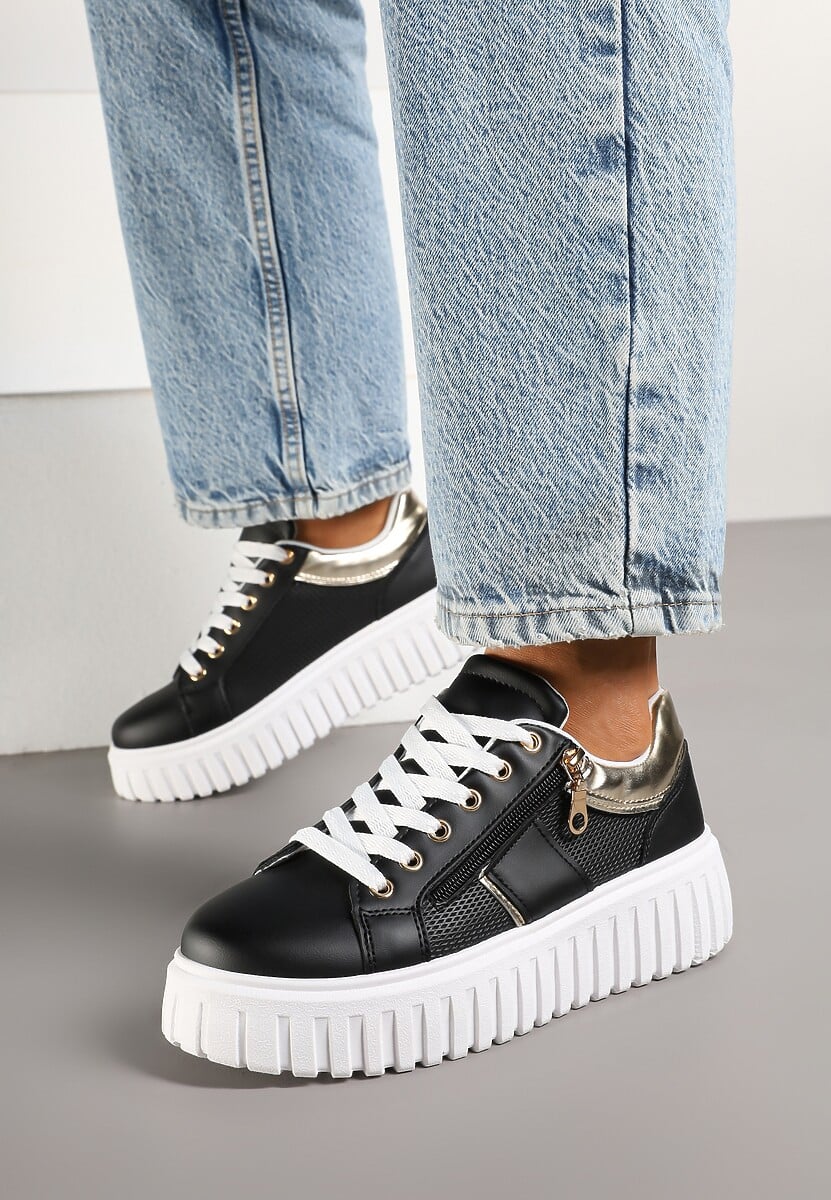 Czarne Sneakersy na Platformie z Ozdobnym Suwakiem Eleadra