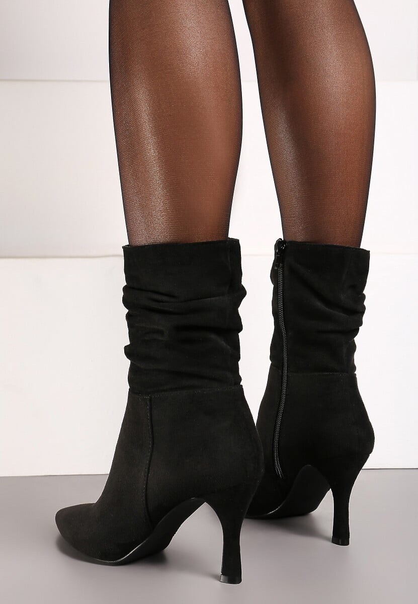 Czarne Marszczone Botki Vices z Ekozamszu na Niskim Obcasie Typu Szpilka Savalith