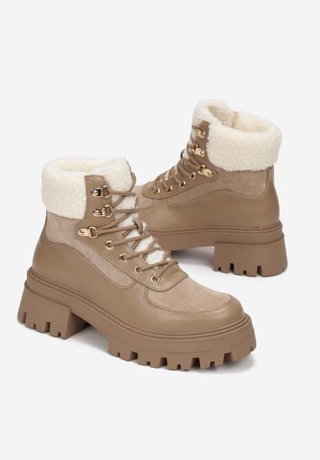 Ciemnobeżowe Sznurowane Traperki na Płaskiej Podeszwie z Futerkiem Alita