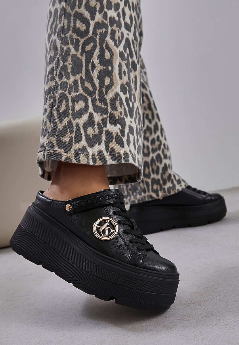 Czarne Sneakersy Vices na Platformie z Tłoczeniem Paskiem na Pięcie i Metaliczną Aplikacją Selfedi