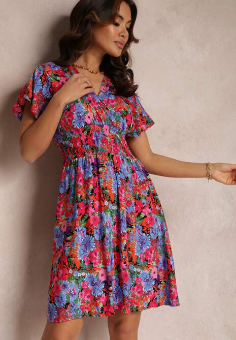 Różowo-Niebieska Krótka Sukienka w Kwiaty z Szeroką Gumką w Pasie Meles
