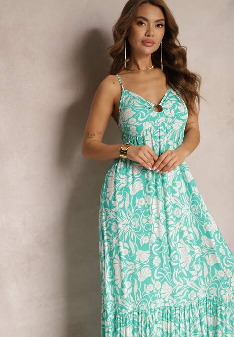 Zielona Bawełniana Sukienka Maxi na Ramiączkach z Kwiatowym Wzorem i Falbanką Mawidiona