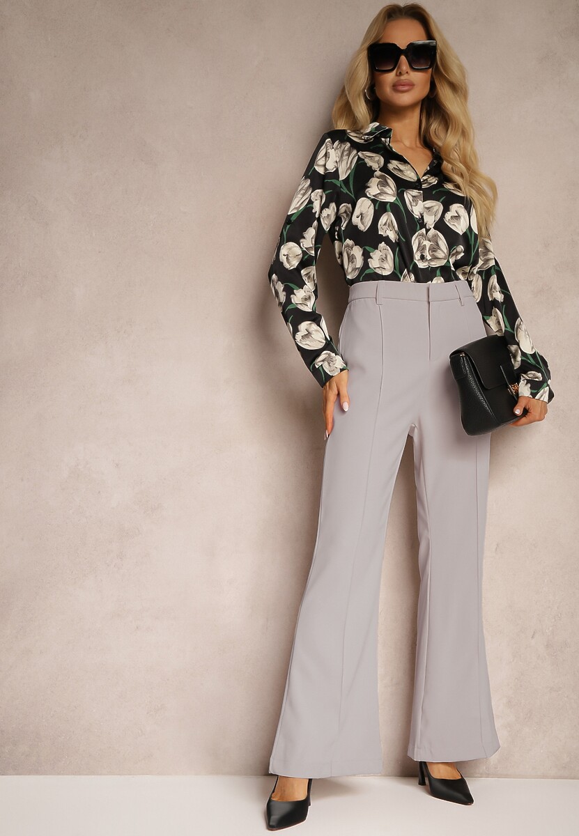 Szare Casualowe Spodnie w Stylu Dzwonów High Waist Uinna