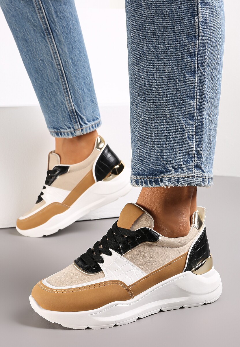 Brązowe Sneakersy na Platformie z Tłoczoną i Metaliczną Wstawką z Tyłu Biorli