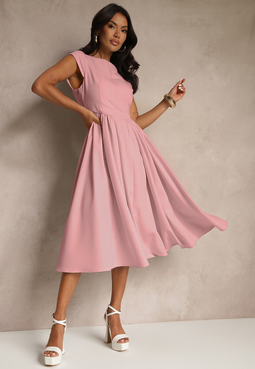 Różowa Sukienka Vices  o Rozkloszowanym Kroju z Dekoltem w Kształcie Łódki Milioria