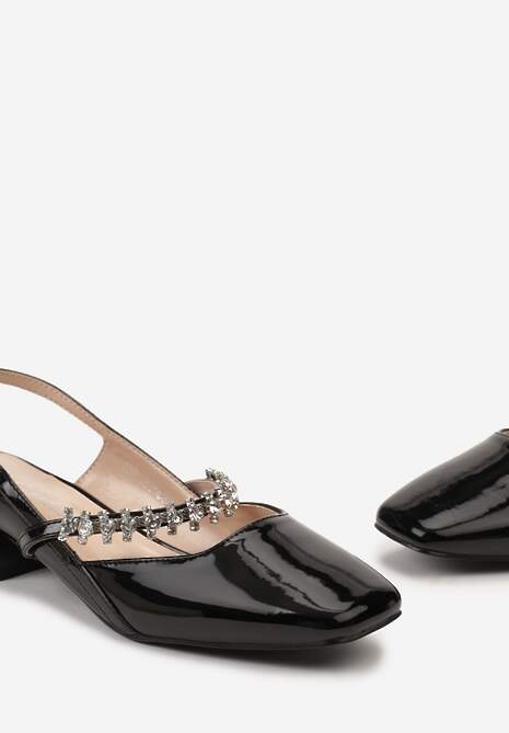 Czarne Czółenka Ozdobione Cyrkoniami ze Sprzączką przy Kostce Locarina