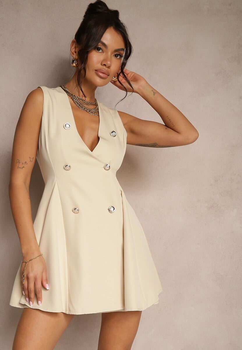 Beżowa Sukienka o Rozkloszowanym Kroju z Guzikami Tallisca