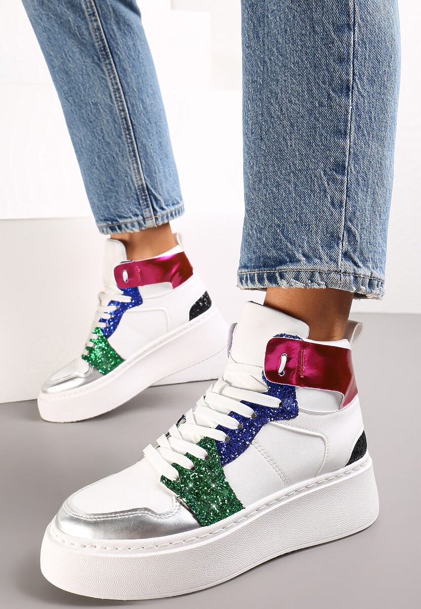 Biało-Niebieskie Sznurowane Sneakersy za Kostkę z Brokatem i Metalicznymi Wstawkami Sareena
