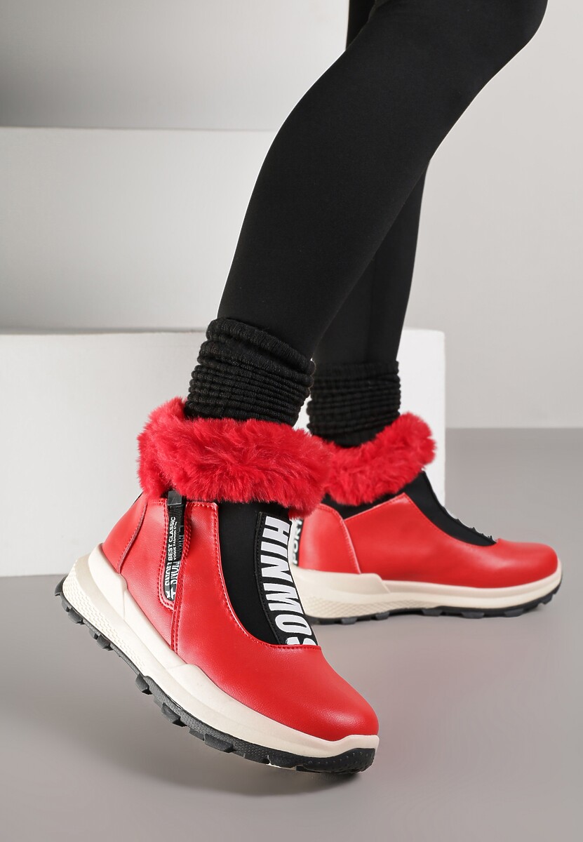 Czerwone Śniegowce za Kostkę z Nadrukiem i Futerkiem Glemenia