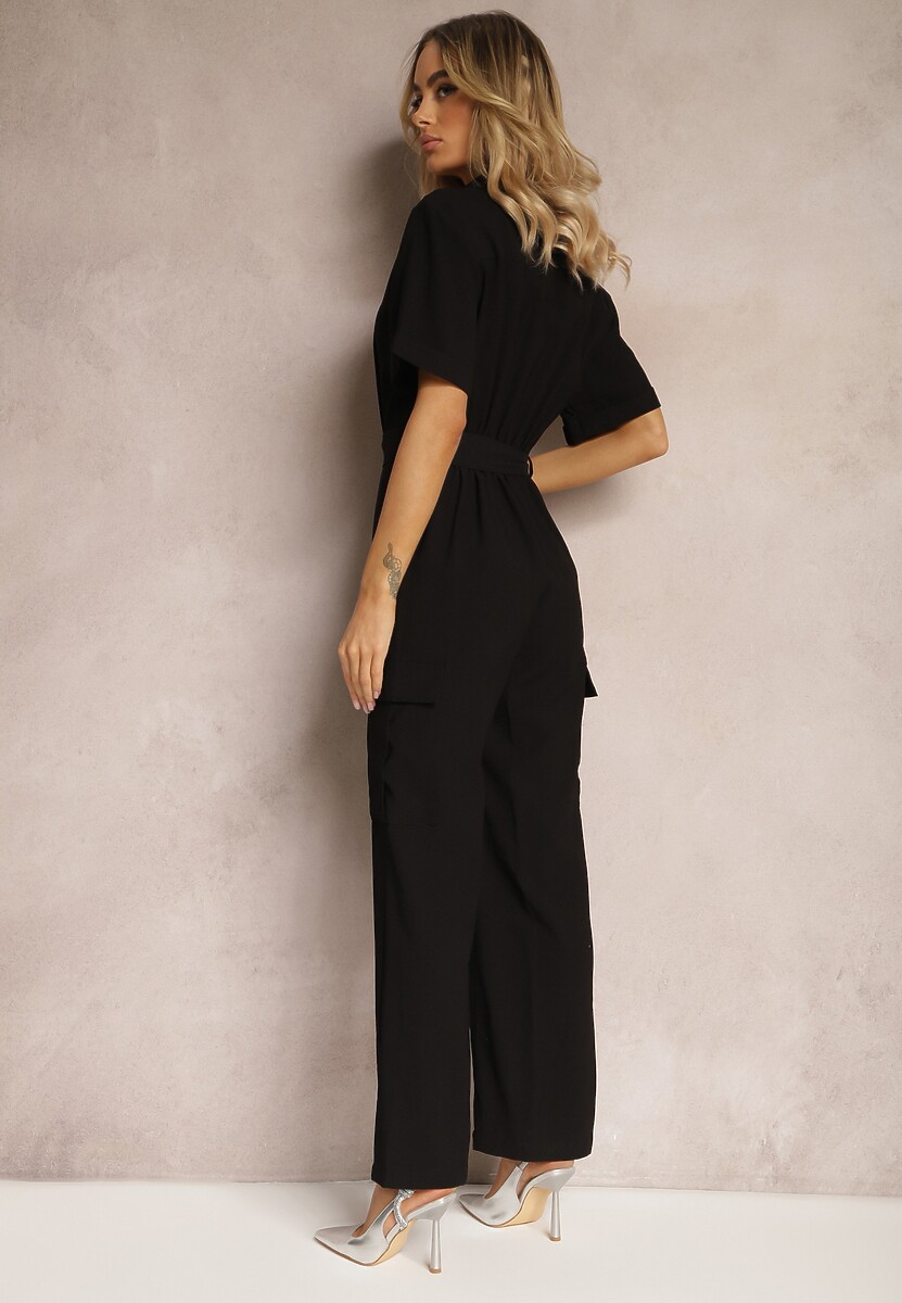 Czarny Długi Kombinezon w Stylu Utility z Kieszeniami Cargo Paskiem i Kołnierzykiem Qillilena