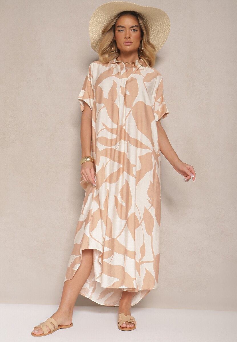 Brązowa Rozkloszowana Sukienka w Abstrakcyjny Wzór z Bawełną Telianiela