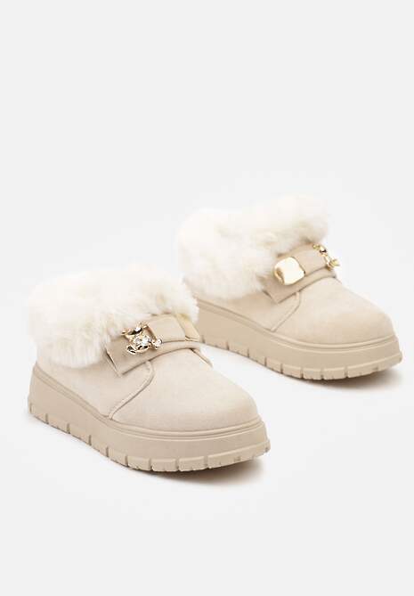 Beżowe Śniegowce na Platformie Ozdobione Aplikacją 3D i Futrem Cediona