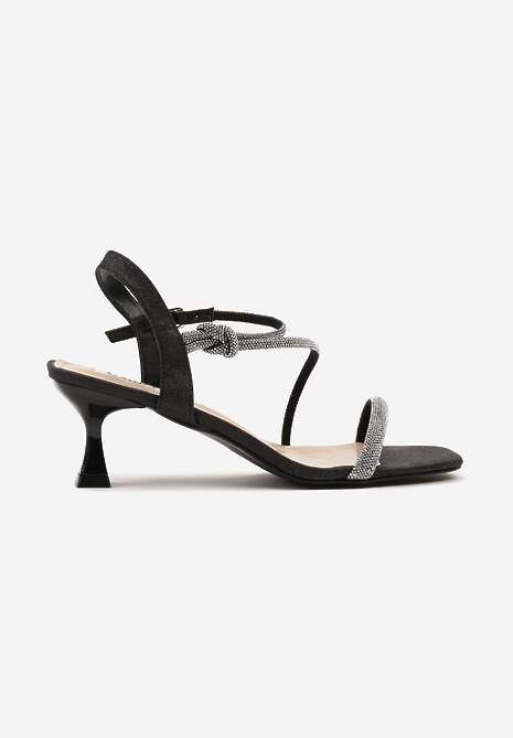 Czarne Sandały na Ozdobnym Obcasie z Cyrkoniami na Paseczkach Emkio