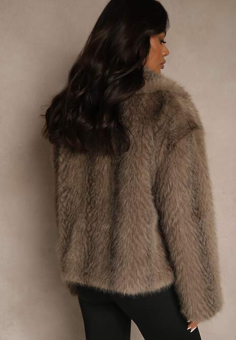 Jasnobrązowa Kurtka Futerko Ozdobione Cieniowanym Motywem Monideva