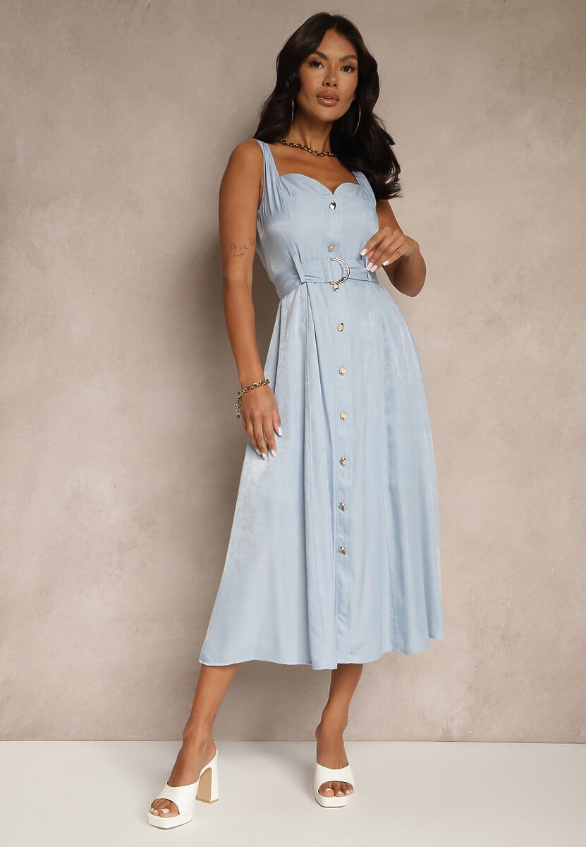 Niebieska Rozkloszowana Sukienka z Paskiem na Ramiączkach Nevio