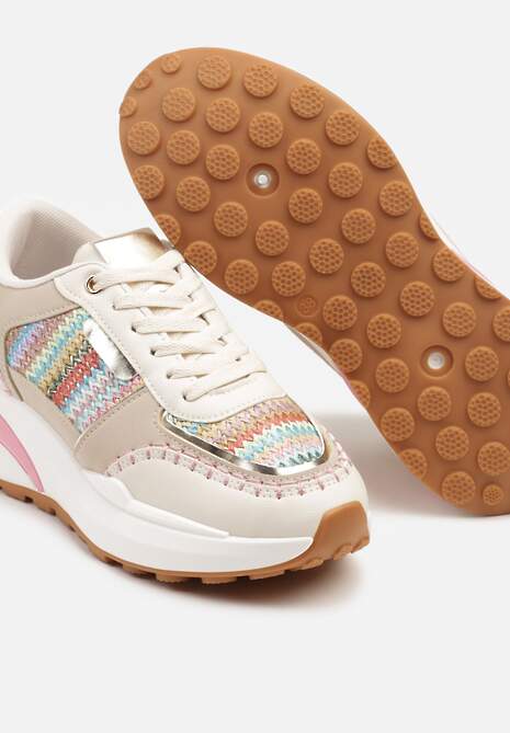 Beżowo-Różowe Sneakersy na Platformie ze Wstawkami z Plecionki Ninatia