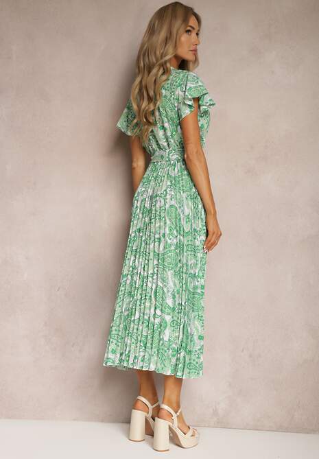 Zielona Rozkloszowana Sukienka z Trójkątnym Dekoltem z Materiałowym Paskiem i Gumką w Talii Carimi