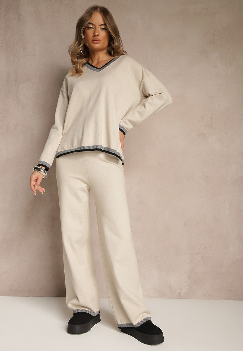 Jasnobeżowy Komplet Dzianinowy Sweter i Spodnie Wide Leg z Ozdobną Lamówką Ralenia