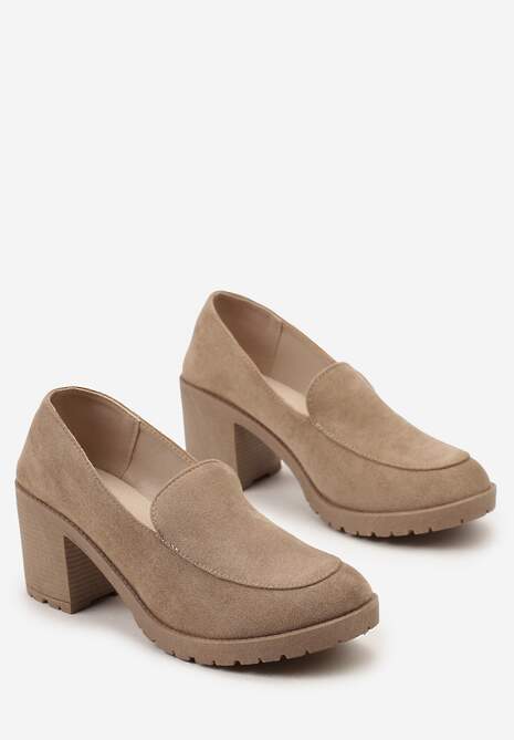 Ciemnobeżowe Półbuty w Stylu Mokasynów na Słupku i Niskiej Platformie Aridfana