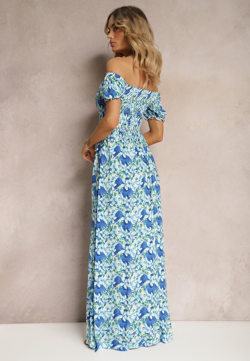 Niebieska Hiszpanka Sukienka o Rozkloszowanym Kroju i Gumkami przy Dekolcie Kaseria