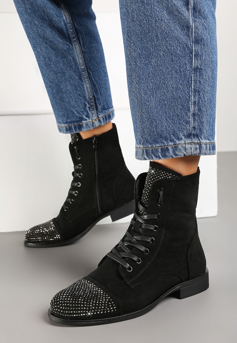 Czarne Botki na Płaskiej Podeszwie ze Sznurowaniem i Cyrkoniami Innama