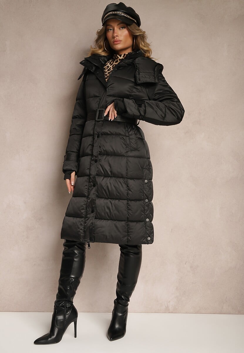 Czarna Pikowana Kurtka ZImowa z Eleganckim Paskiem Sadelara