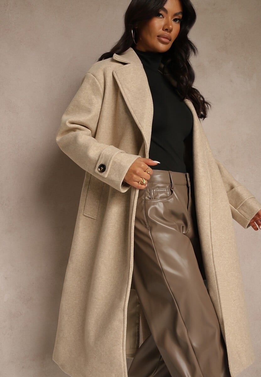 Beżowy Elegancki Płaszcz z Wełny i Wiskozy o Dwurzędowym Kroju Oversize Tilisana