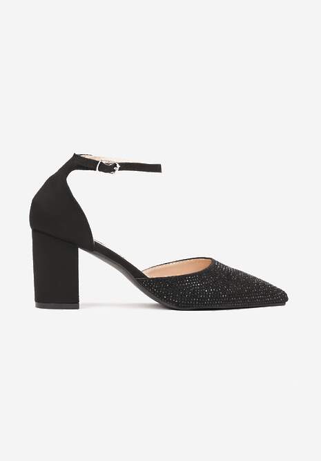 Czarne Brokatowe Czółenka na Słupku z Cyrkoniami Zannin