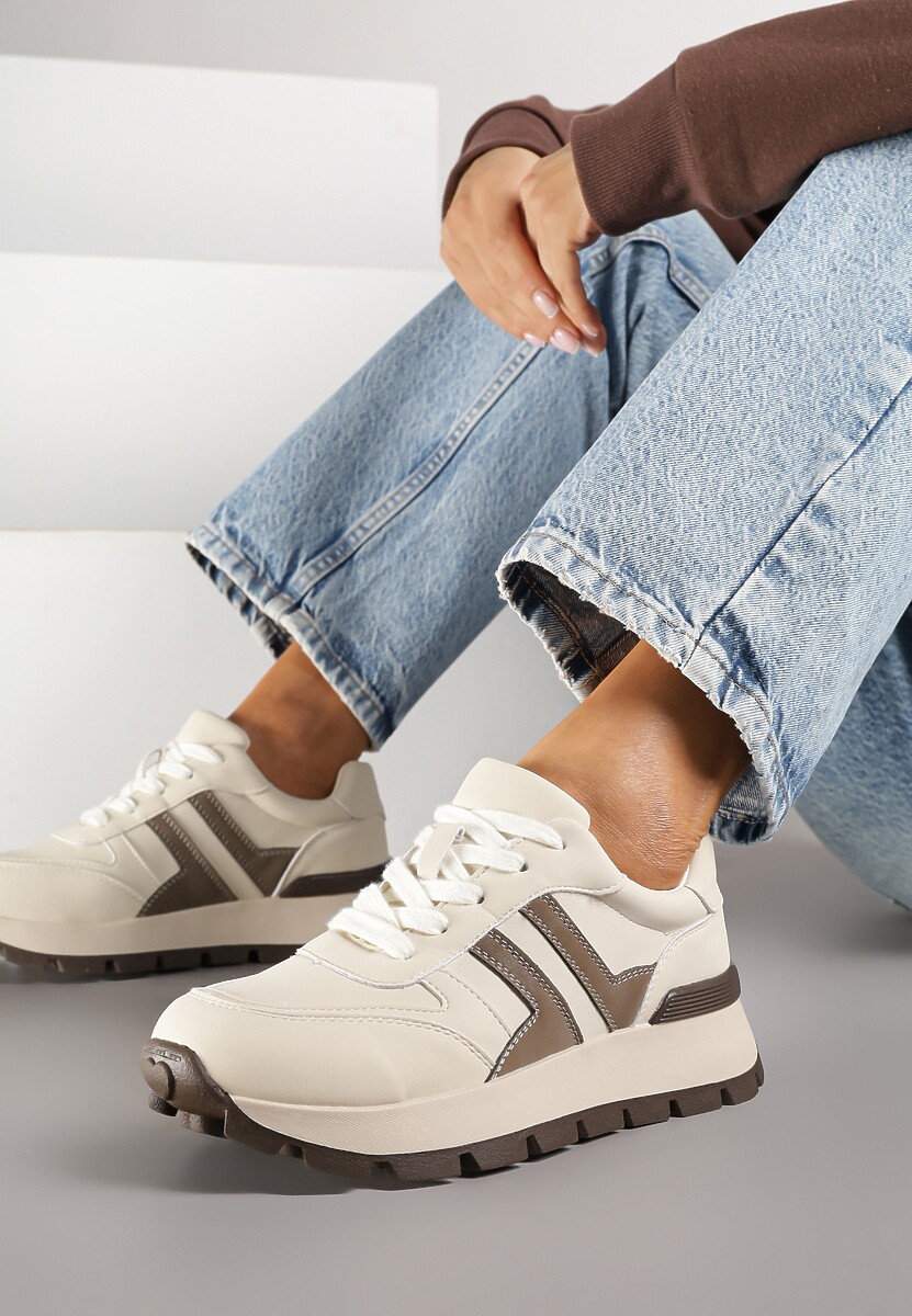 Czarno-Beżowe Sneakersy na Grubej Podeszwie Zdobione Przeszyciami Lulline