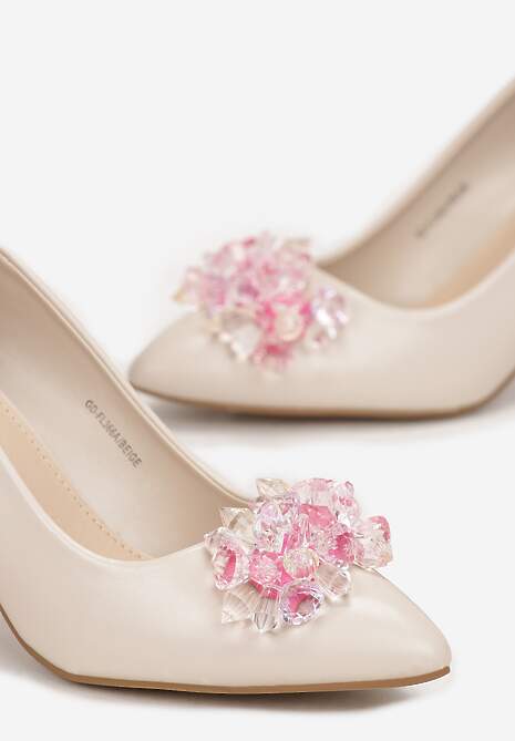 Beżowe Czółenka na Słupku z Wkładką ze Skóry Naturalnej Reyusa