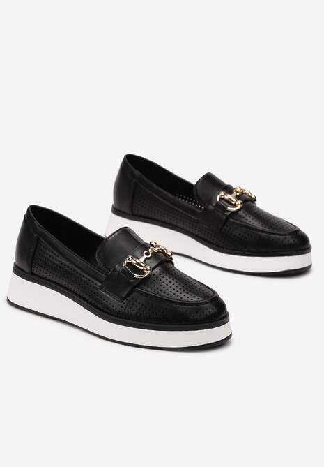 Czarne Ażurowe Mokasyny z Ekoskóry na Grubej Podeszwie z Metaliczną Klamrą Valesin