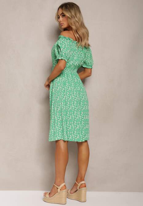 Zielona Wiskozowa Sukienka Midi w Kwiatowy Wzór z Hiszpańskim Dekoltem Agirala