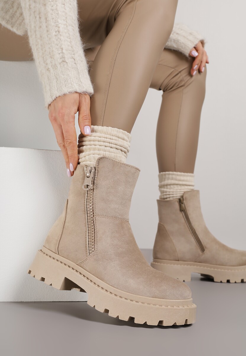 Ciemnobeżowe Botki na Platformie z Ozdobnym Suwakiem z Boku Tarienne
