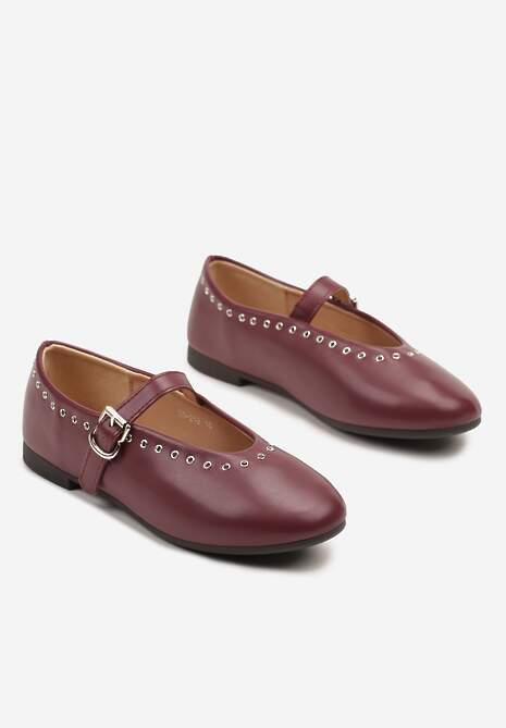 Bordowe Balerinki w Stylu Mary Jane ze Zdobieniem z Nitami Fennriva