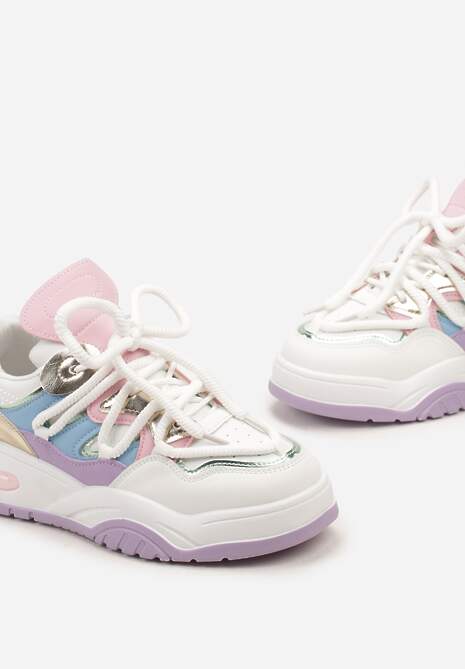 Biało-Fioletowe Sneakersy Ozdobione Kolorowymi i Metalicznymi Wstawkami na Grubej Podeszwie Oplevia