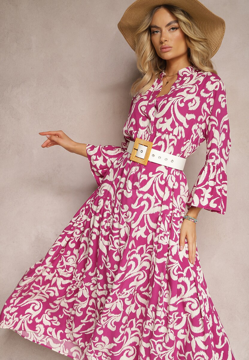 Fioletowa Rozkloszowana Sukienka z Wiskozy w Ornamentalny Wzór Irlilena