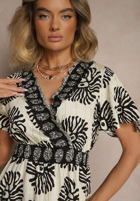 Beżowo-Czarna Sukienka w Print Boho z Wiskozy Rozkloszowana z Dekoltem V Palarina
