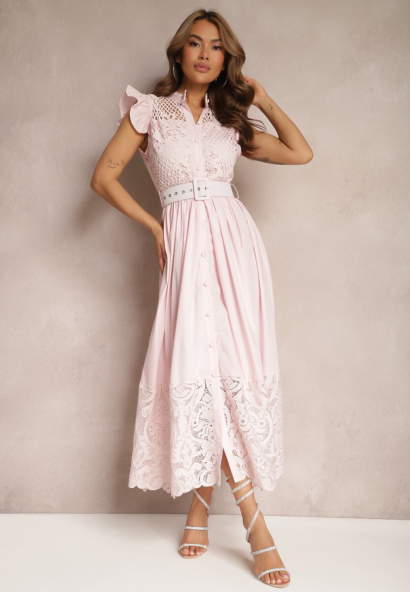 Różowa Koszulowa Sukienka z Ażurowym Zdobieniem i Paskiem z Prostokątną Klamrą Trika