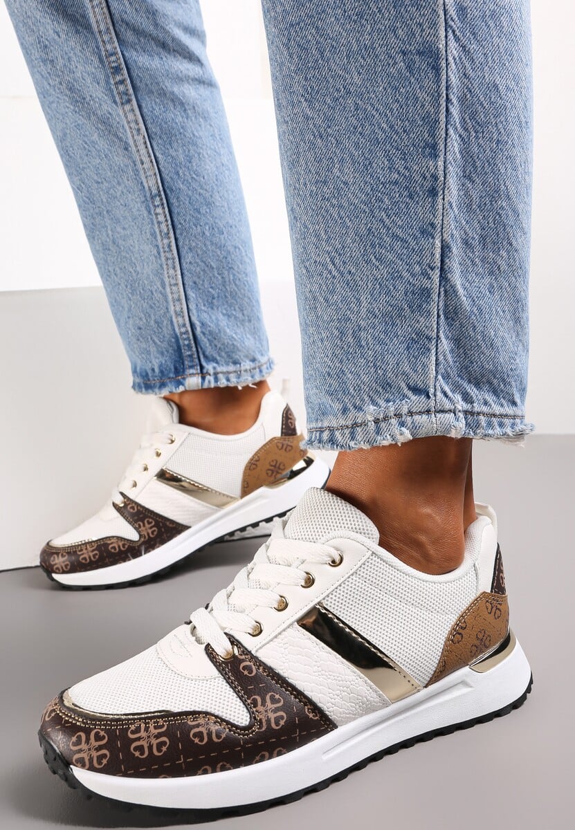 Białe Wzorzyste Sneakersy przed Kostkę na Grubej Podeszwie Odenia