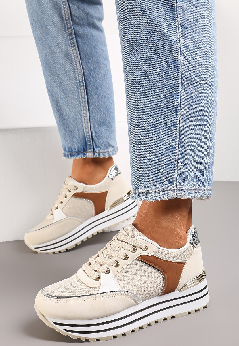 Beżowe Sneakersy z Brokatową Dzianinową Wstawką Atobia