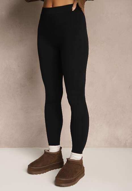 Czarne Legginsy High Waist z Prążkowanego Materiału z Wiskozą Tevandra