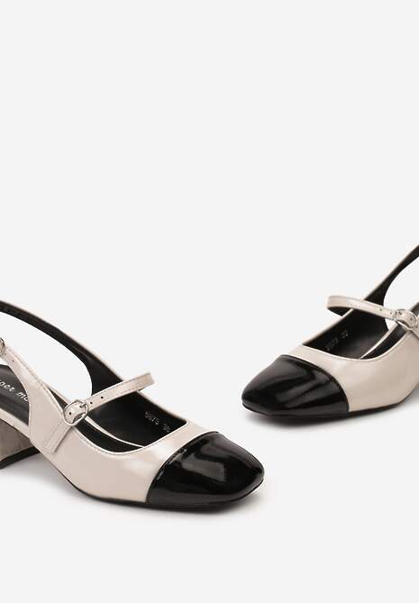 Beżowe Lakierowane Czółenka na Słupku z Kwadratowym Noskiem Nathlias