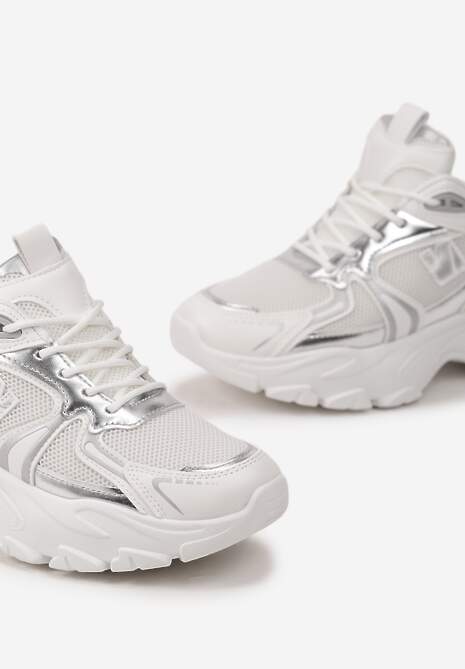 Biało-Srebrne Sznurowane Sneakersy z Siateczką i Wycięciami Solenare