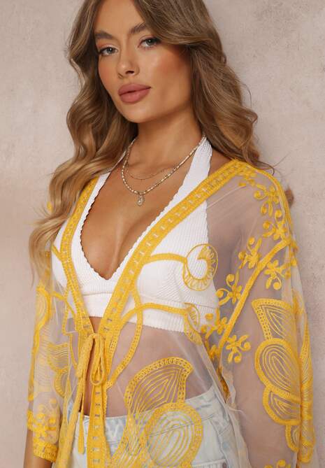 Żółta Przezroczysta Narzutka z Haftem i Wiązaniem w Pasie Miri