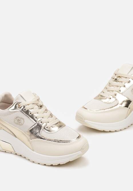 Beżowe Sznurowane Sneakersy z Ekoskóry z Siateczką i Ozdobnym Monogramem Vitalera